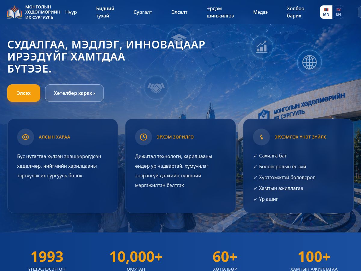 Mongolian University of Labor's official website homepage - featuring enrollment, academics and admissions info