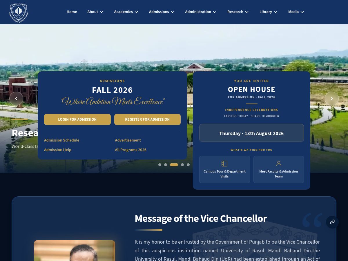 University of Rasul, Mandi Bahaud Din's official website homepage screenshot