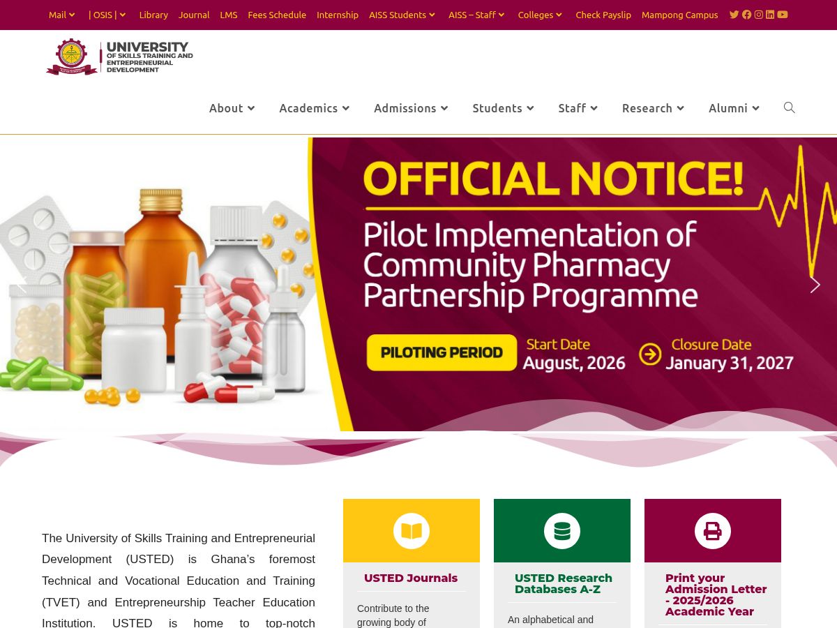 University of Skills Training and Entrepreneurial Development's official website homepage screenshot