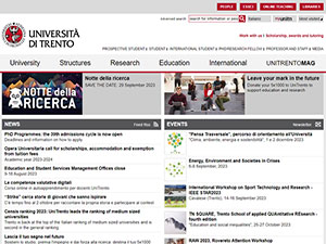 University of Trento's official website homepage screenshot