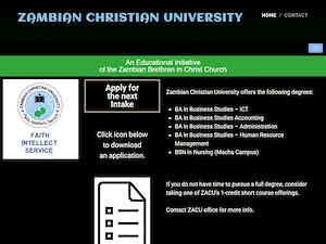Zambian Christian University's official website homepage screenshot