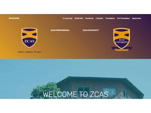 ZCAS University's official website homepage screenshot