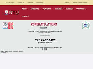 نیشنل ٹیکسٹائل یونیورسٹی's official website homepage screenshot